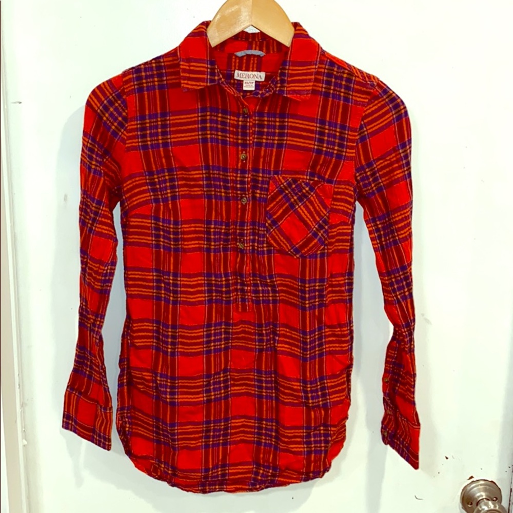 Merona red plaid button down, women’s XS